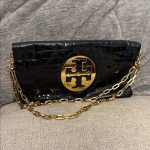 Tory Burch Black Croc-Embossed Clutch with Gold Logo